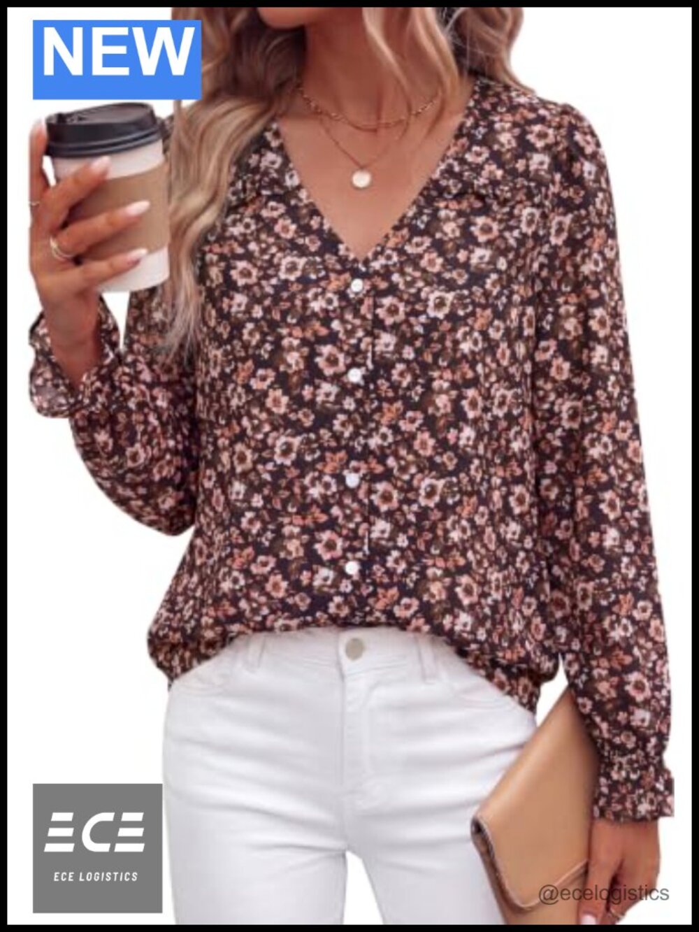 Women's Long Sleeve V Neck Button Down Blouse Floral Ruffle Casual